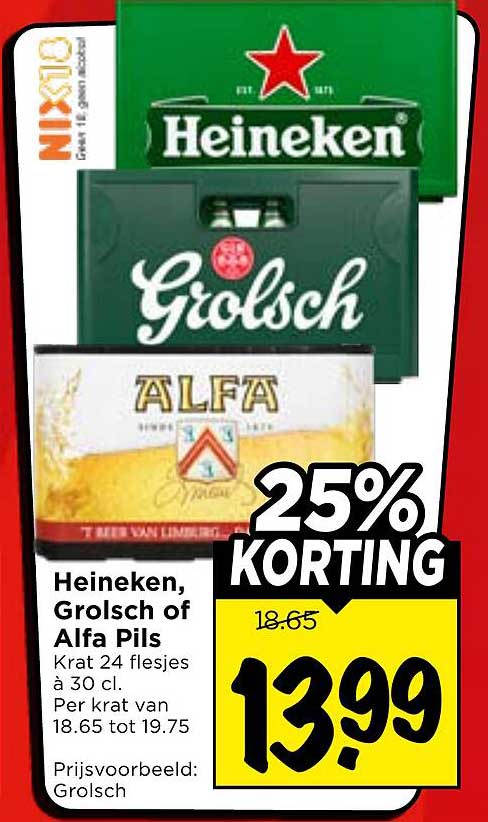 Heineken, Grolsch of Alfa Pils Krat 24 flesjes à 30 cl. 25% KORTING