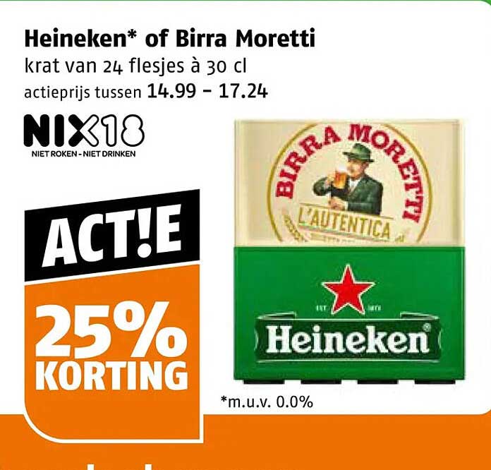 Heineken* of Birra Moretti krat van 24 flesjes à 30 cl ACT!E 25% KORTING
