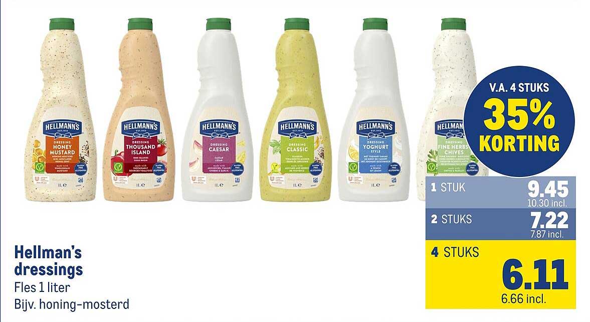 Hellmann's dressings Fles 1 liter Bijv. honing-mosterd
