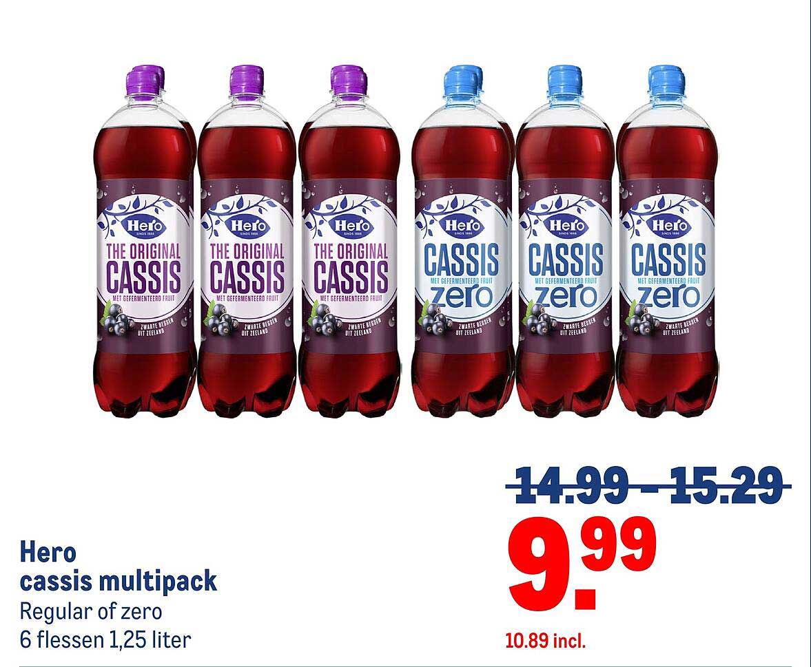 Hero cassis multipack Regular of zero 6 flessen 1,25 liter