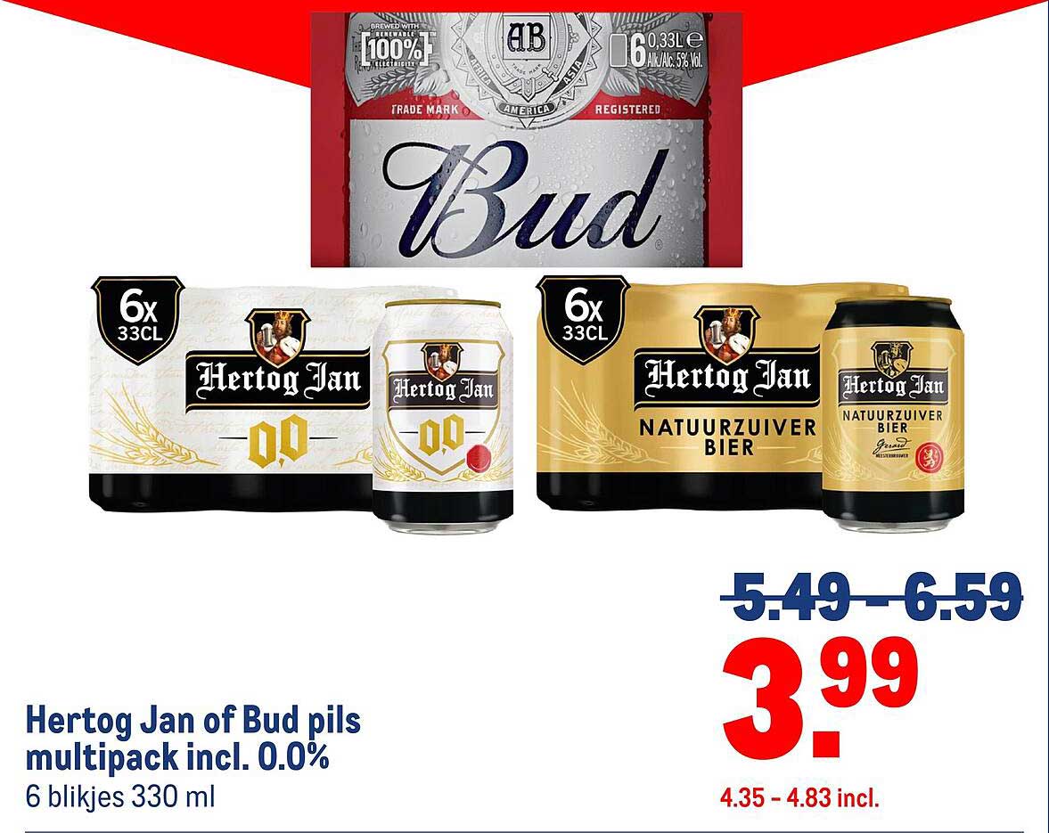 Hertog Jan of Bud pils multipack incl. 0.0%