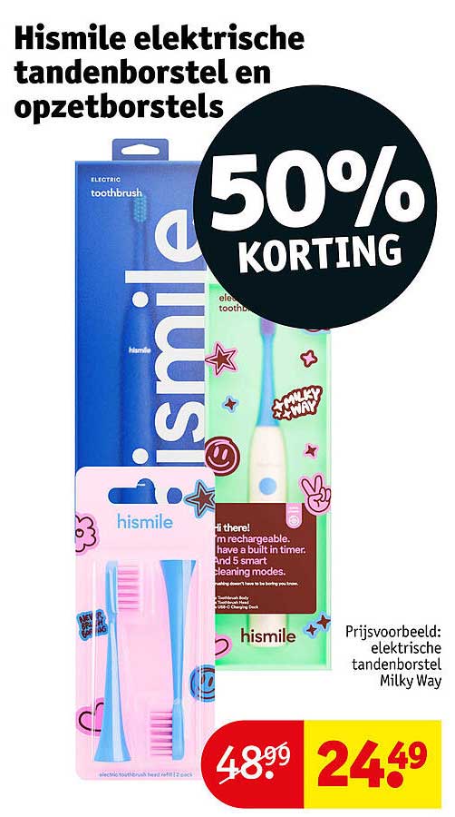 Hismile elektrische tandenborstel en opzetborstels 50% KORTING