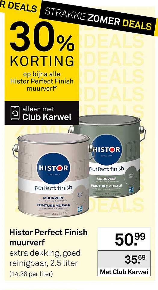 Histoir Perfect Finish muurverf 30% korting op bijna alle Histor Perfect Finish muurverf²