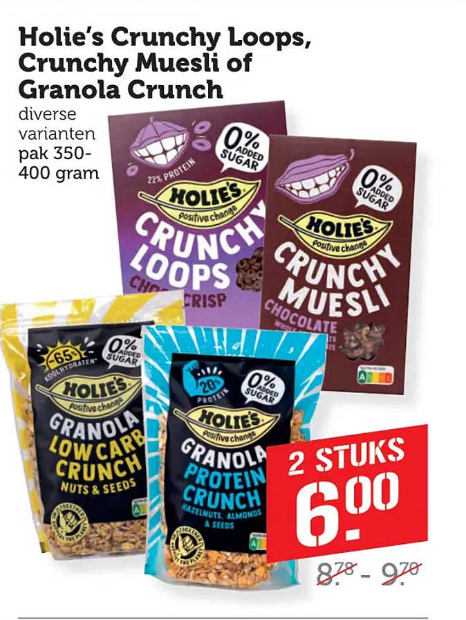 Holie's Crunchy Loops, Crunchy Muesli of Granola Crunch diverse varianten pak 350-400 gram