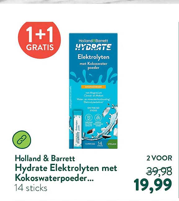 Holland & Barrett Hydrate Elektrolyten met Kokoswaterpoeder... 1+1 gratis