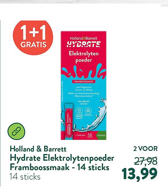 Holland & Barrett Hydrate Elektrolytenpoeder Framboossmaak - 14 sticks 1+1 GRATIS