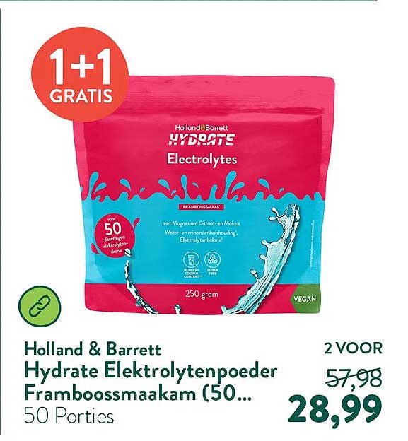 Holland & Barrett Hydrate Elektrolytenpoeder Framboossmaakam (50... 50 Porties 1+1 GRATIS
