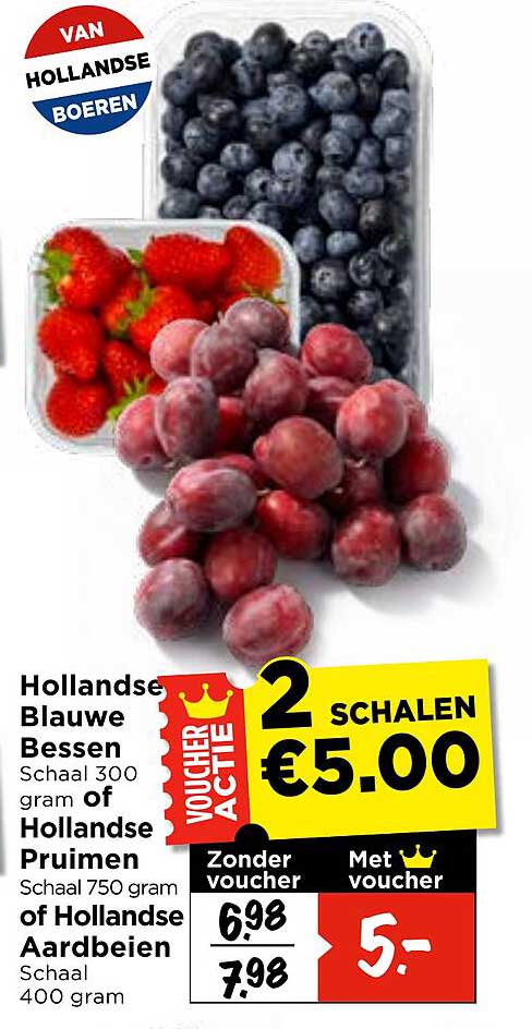 Hollandse Blauwe Bessen Schaal 300 gram of Hollandse Pruimen Schaal 750 gram of Hollandse Aardbeien Schaal 400 gram 2 SCHALEN €5.00