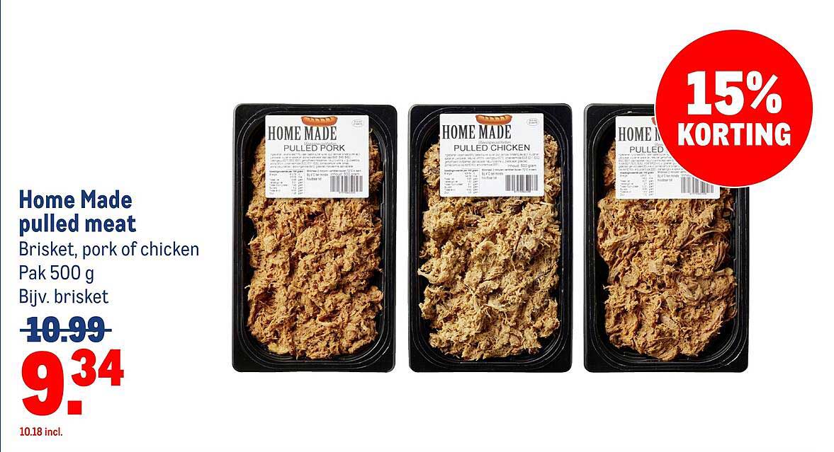 Home Made pulled meat Brisket, pork of chicken Pak 500 g Bijv. brisket 15% KORTING