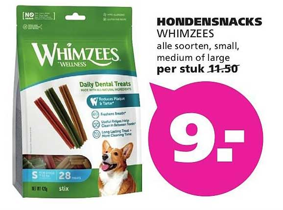 HONDENSNACKS WHIMZEES alle soorten, small, medium of large per stuk 11.50