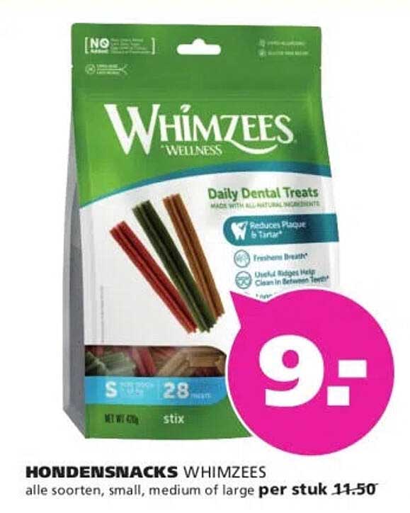 HONDENSNACKS WHIMZEES alle soorten, small, medium of large per stuk