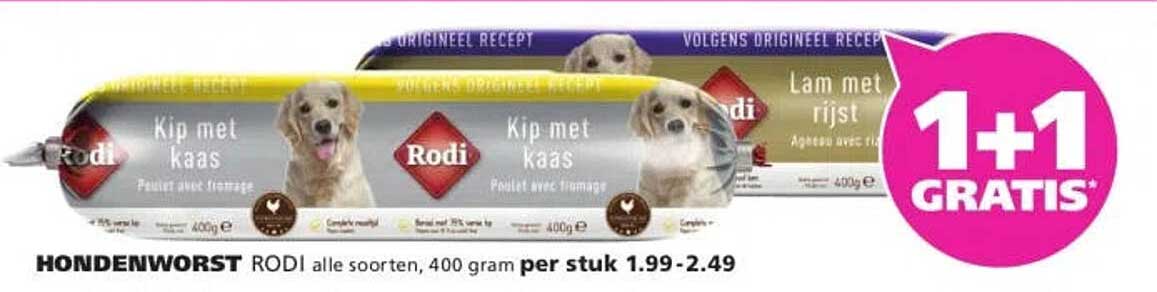 HONDENWORST RODI alle soorten, 400 gram per stuk 1.99-2.49 1+1 GRATIS
