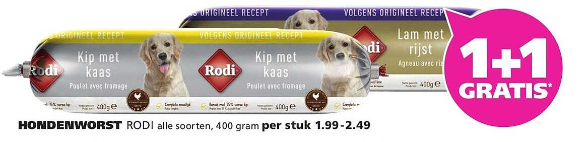 HONDENWORST RODI alle soorten, 400 gram per stuk 1.99-2.49 1+1 GRATIS