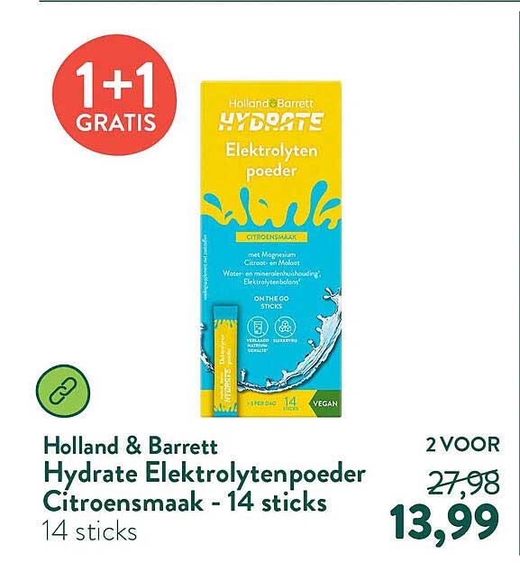 Hydrate Elektrolytenpoeder Citroensmaak - 14 sticks 1+1 GRATIS