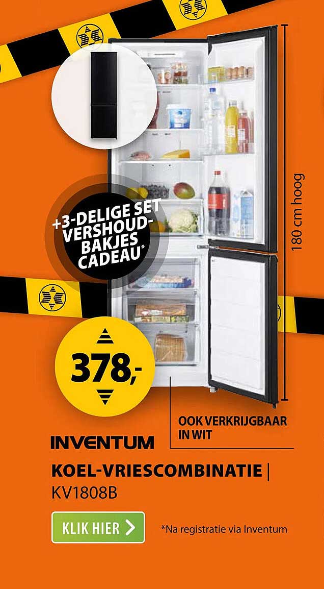 Inventum koel-vriescombinatie KV1808B +3-delige vershoudbakjes cadeau