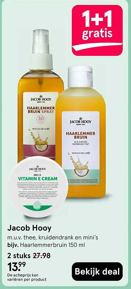 Jacob Hooy m.u.v. thee, kruidendrank en mini’s bijv. Haarlemmerbruin 150 ml 1+1 gratis