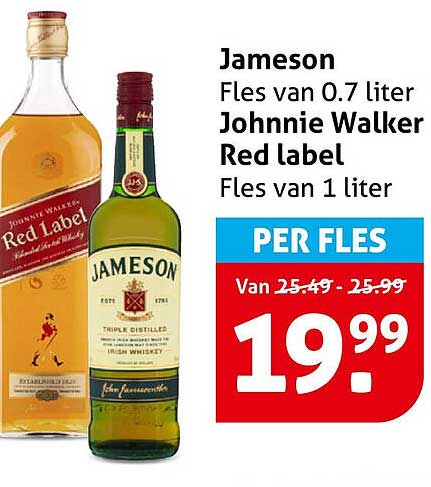 Jameson Fles van 0.7 liter Johnnie Walker Red label Fles van 1 liter PER FLES