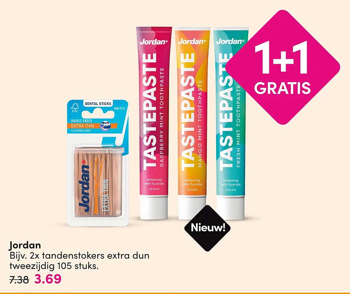 Jordan Bijv. 2x tandenstokers extra dun tweezijdig 105 stuks. 1+1 gratis