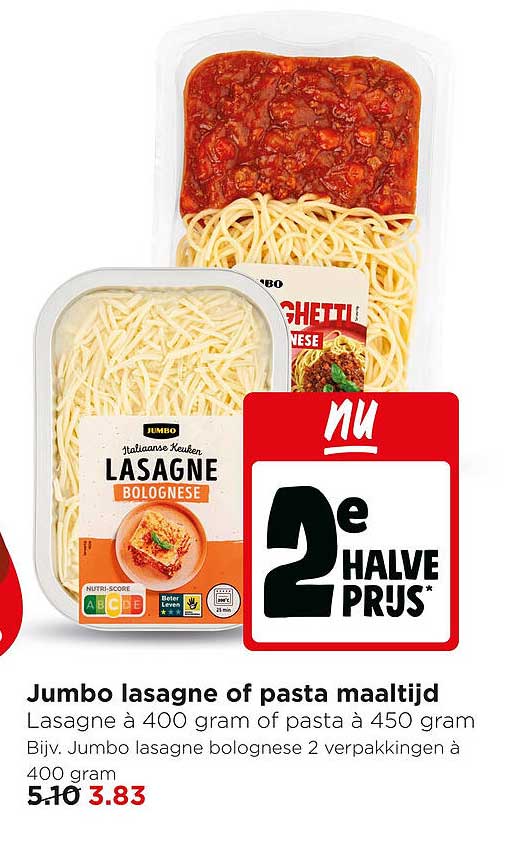 Jumbo lasagne of pasta maaltijd 2e halve prijs