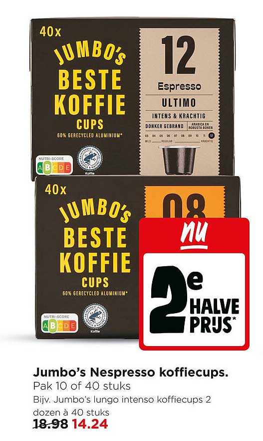 Jumbo’s Nespresso koffiecups. Pak 10 of 40 stuks 2e halve prijs