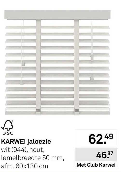 KARWEI jaloezie wit (944), hout, lamelbreedte 50 mm, afm. 60x130 cm