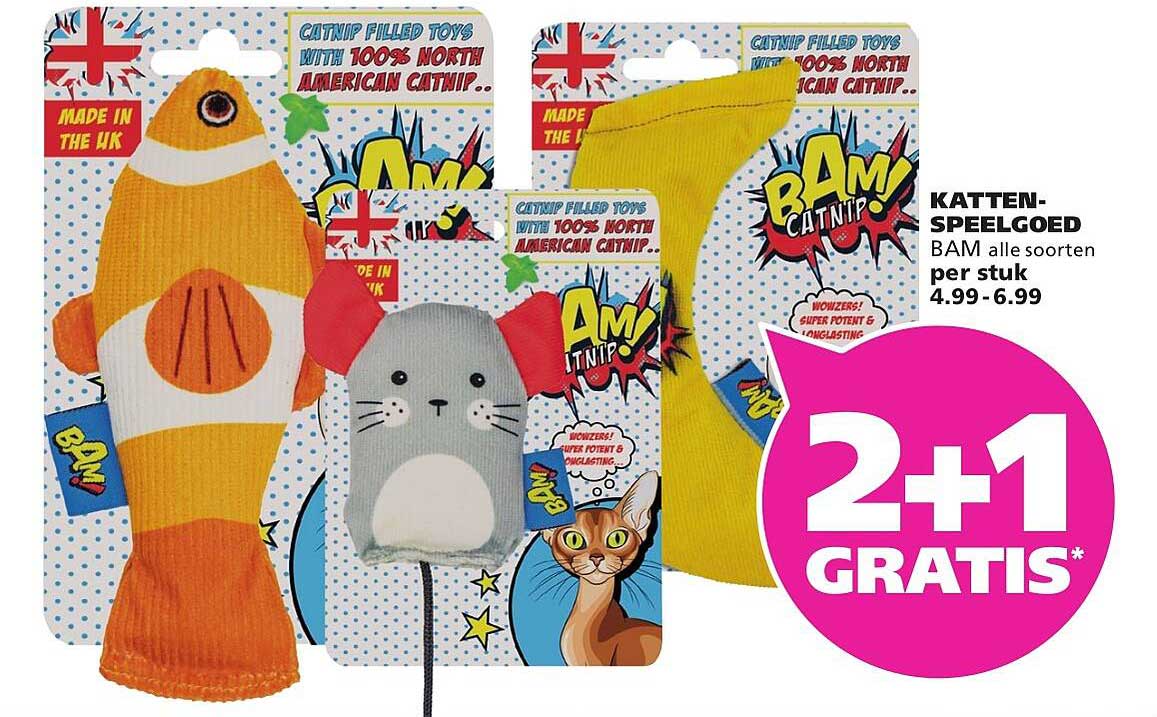 Katten-speelgoed BAM alle soorten per stuk 4.99-6.99 2+1 gratis