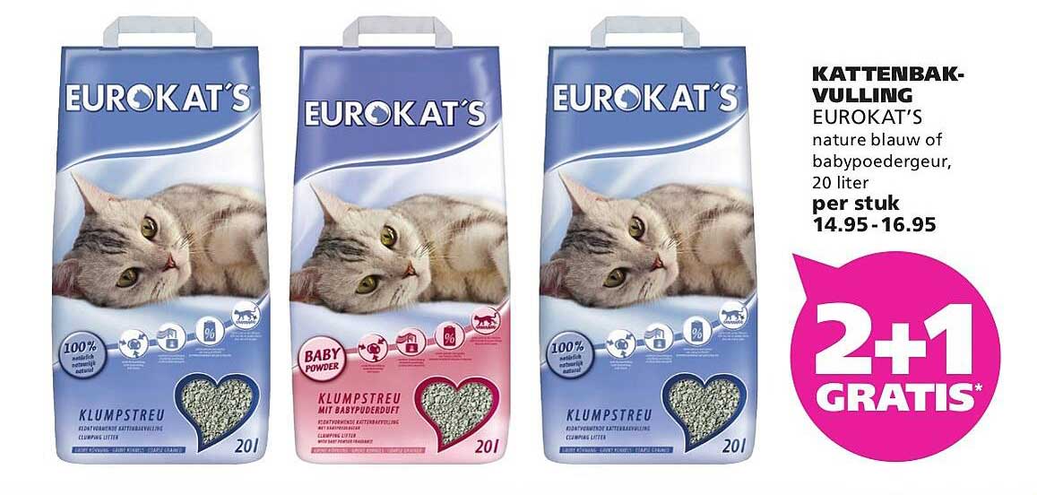 KATTENBAK-VULLING EUROKAT’S nature blauw of babypoeder, 20 liter per stuk 2+1 GRATIS*