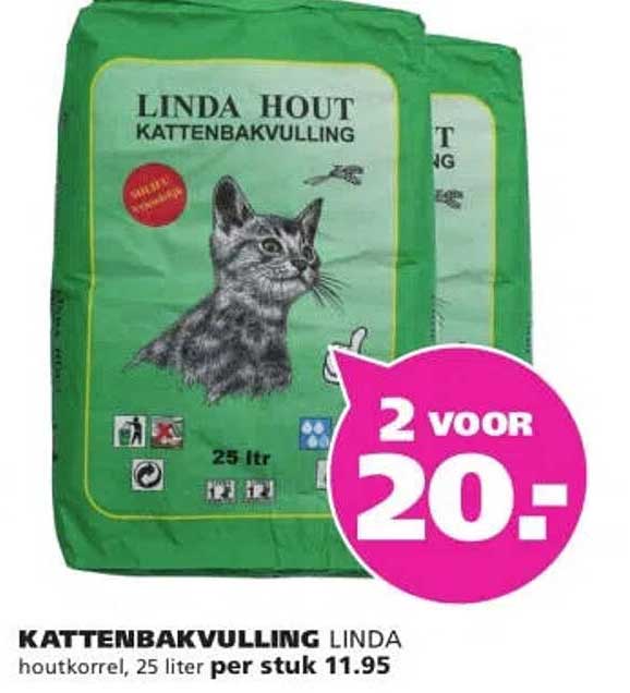 KATTENBAKVULLING LINDA houtkorrel, 25 liter per stuk 11.95 2 voor 20,-