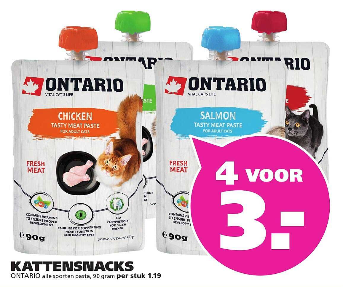 KATTENSNACKS ONTARIO alle soorten pasta, 90 gram per stuk 1.19 4 voor 3,-