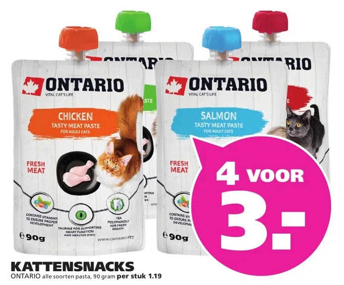 KATTENSNACKS ONTARIO alle soorten pasta, 90 gram per stuk 1.19 4 voor 3-