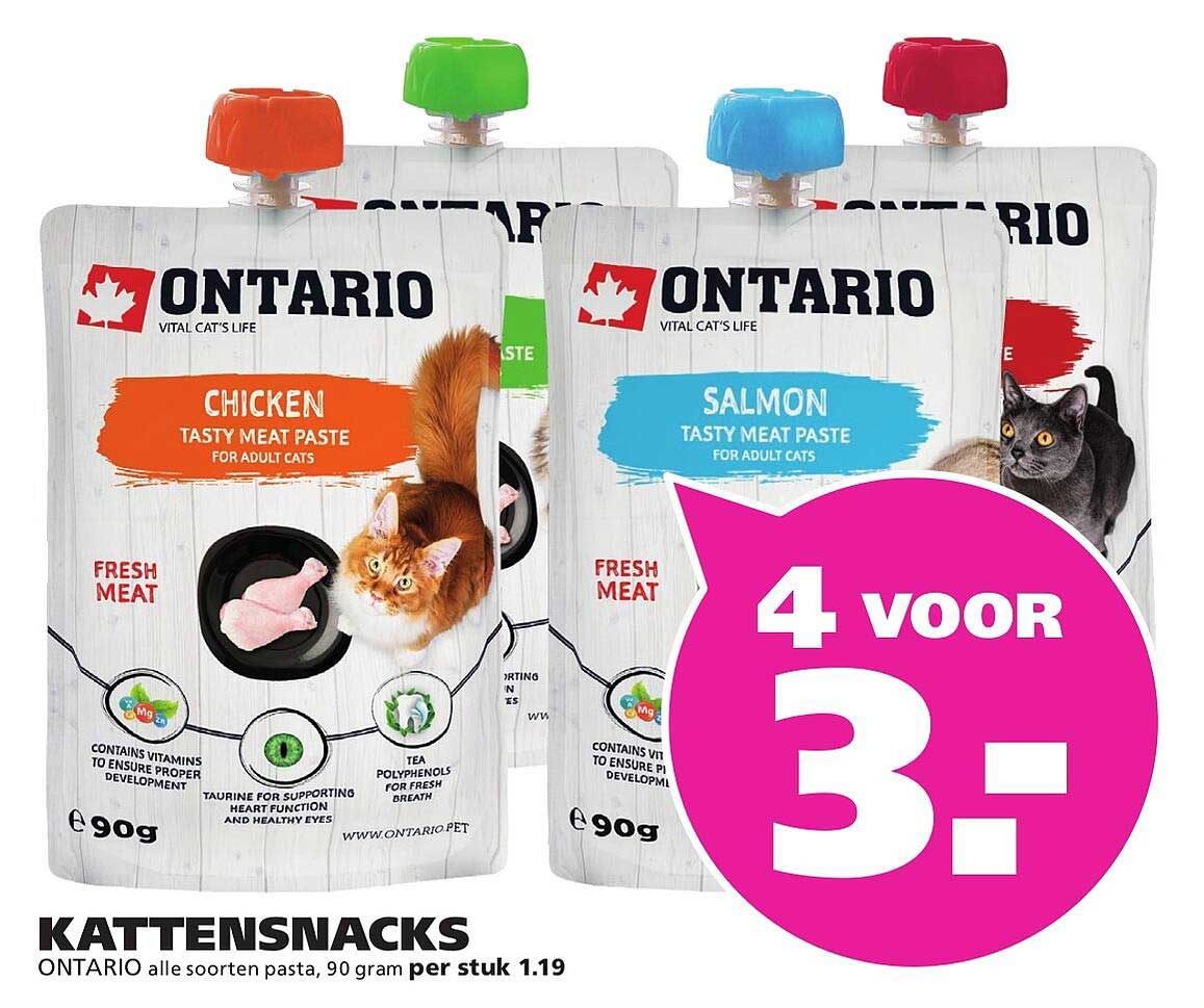 KATTENSNACKS ONTARIO alle soorten pasta, 90 gram per stuk 1.19 4 voor 3,-