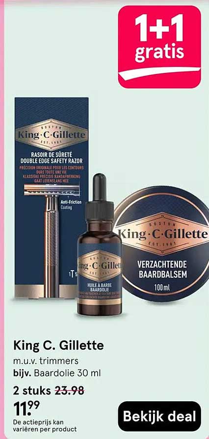 King C. Gillette m.u.v. trimmers bijv. Baardolie 30 ml 1+1 gratis
