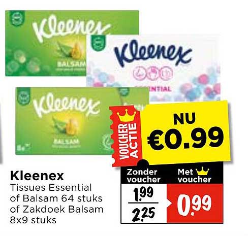 Kleenex Tissues Essential of Balsam 64 stuks of Zakdoek Balsam 8x9 stuks