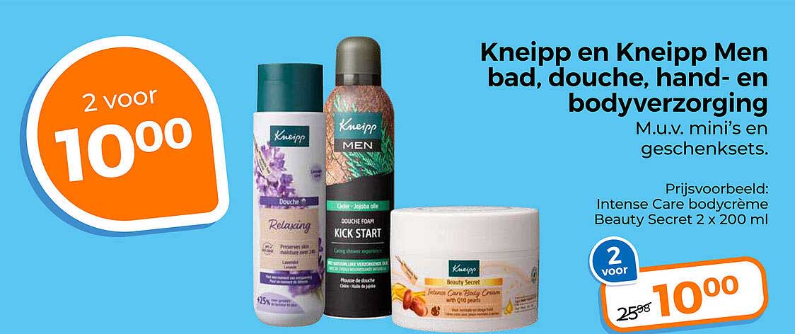 Kneipp en Kneipp Men bad, douche, hand- en bodyverzorging M.u.v. mini’s en geschenksets. 2 voor 10,00