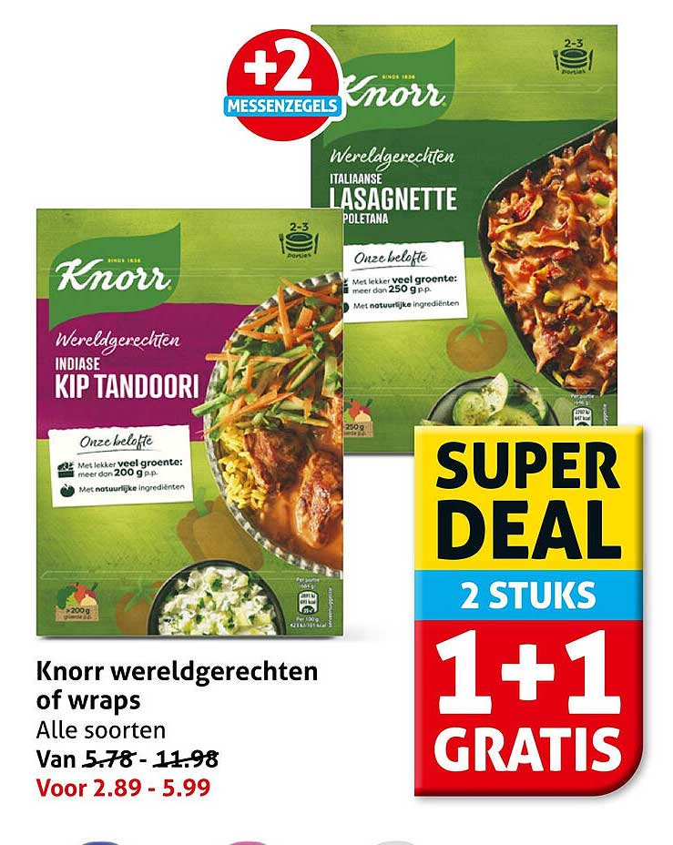 Knorr wereldgerechten of wraps Alle soorten 1+1 gratis
