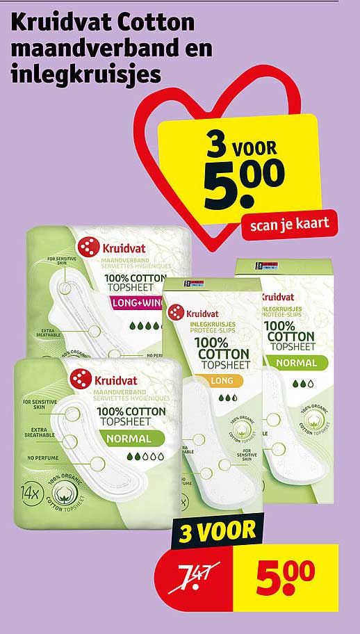Kruidvat Cotton maandverband en inlegkruisjes 3 voor 5,00 scan je kaart