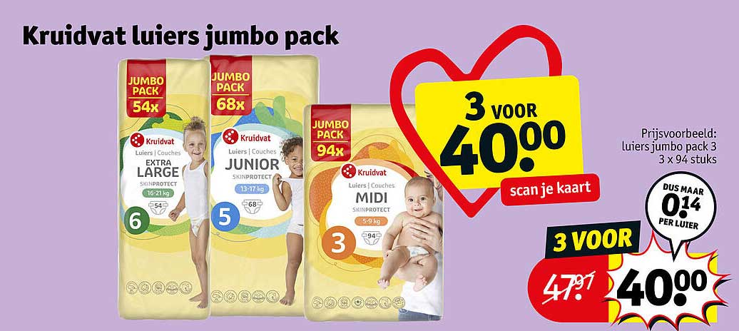 Kruidvat luiers jumbo pack 3 voor 40.00 scan je kaart
