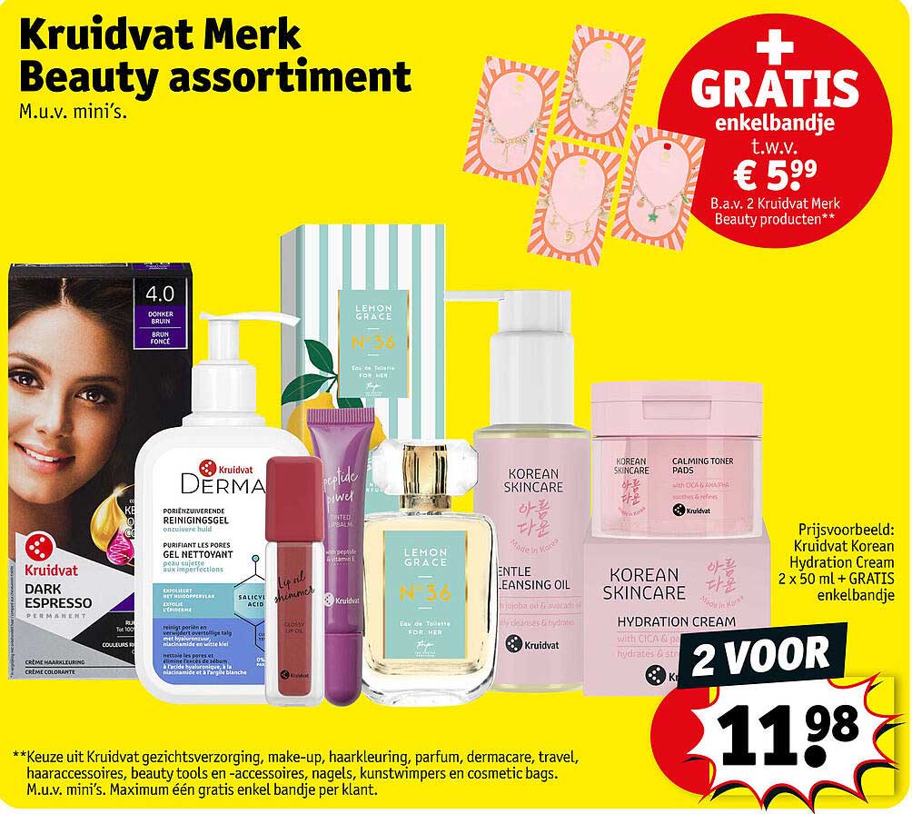 Kruidvat Merk Beauty assortiment M.u.v. mini's. + GRATIS enkelbandje t.w.v. € 5,99