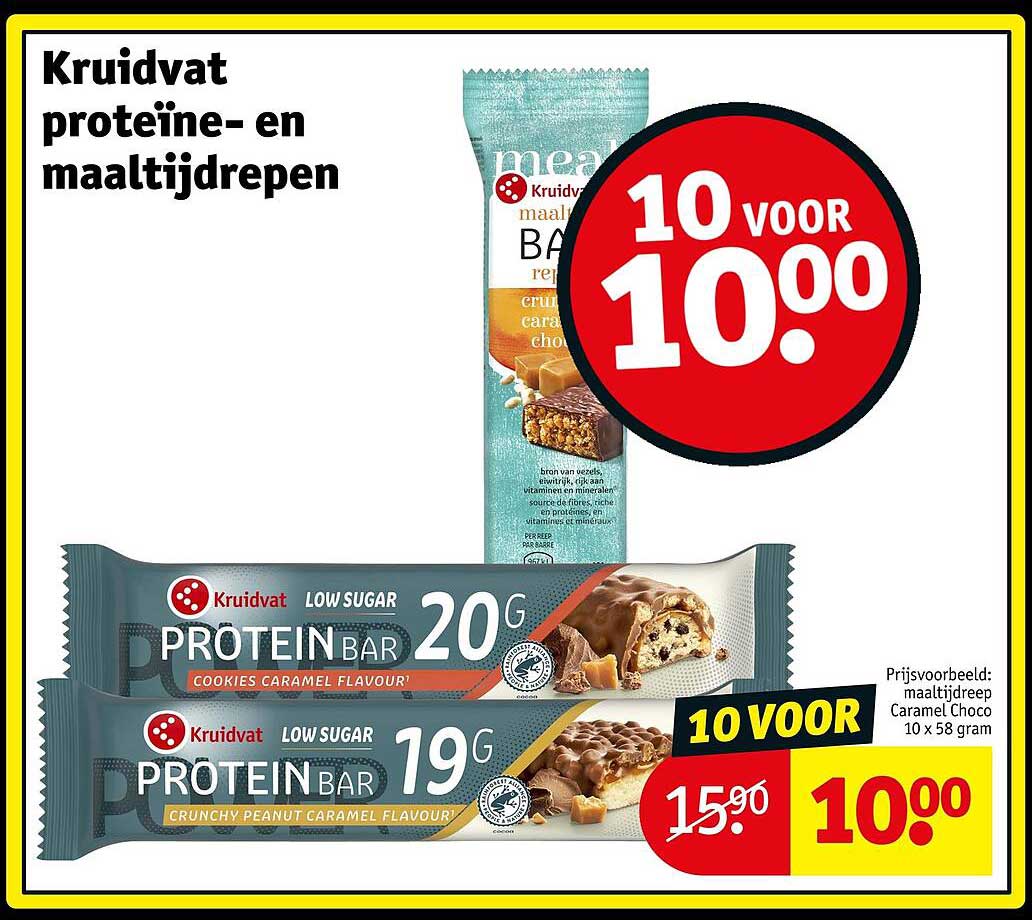 Kruidvat proteïne- en maaltijdrepen 10 voor 10.