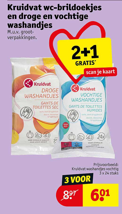 Kruidvat wc-brildoekjes en droge en vochtige washandjes 2+1 GRATIS*
