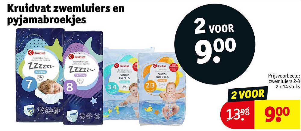Kruidvat zwemluiers en pyjamabroekjes 2 voor 9.00