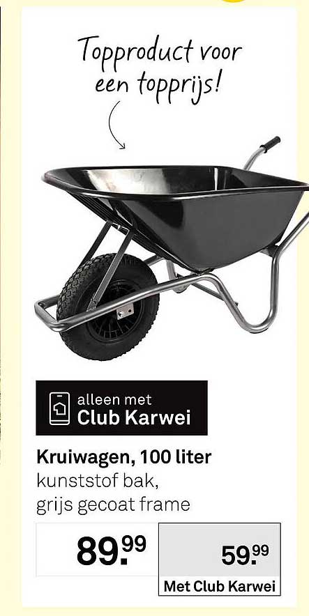 Kruiwagen, 100 liter kunststof bak, grijs gecoat frame Met Club Karwei