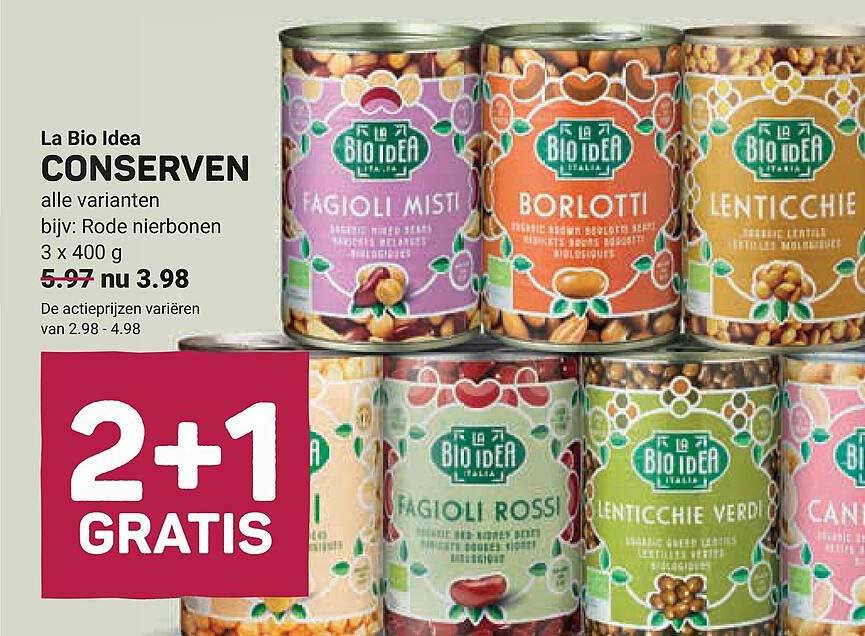 La Bio Idea CONSERVEREN alle varianten bijvoorbeeld: Rode nierbonen 3 x 400 g 2+1 GRATIS