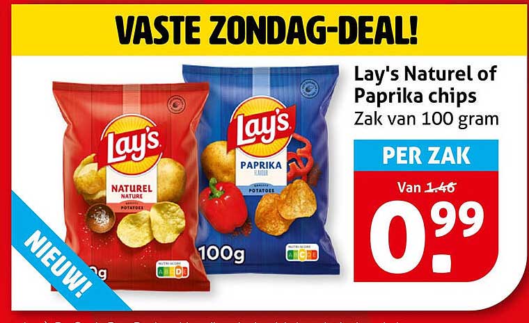 Lay's Naturel of Paprika chips Zak van 100 gram PER ZAK