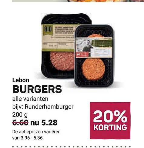 Lebon BURGERS alle varianten bijv: Runderhamburger 200 g 20% KORTING