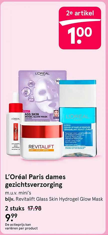 L’Oréal Paris dames gezichtsverzorging m.u.v. mini’s, bijv. Revitalift Glass Skin Hydrogel Glow Mask 2e artikel