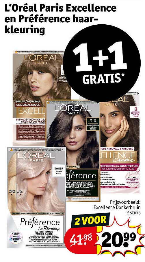 L’Oréal Paris Excellence en Préférence haar-kleuring 1+1 GRATIS*