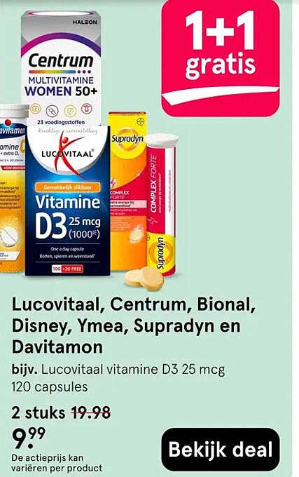 Lucovitaal, Centrum, Bional, Disney, Ymea, Supradyn en Davitamon 1+1 gratis