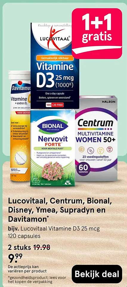 Lucovitaal, Centrum, Bional, Disney, Ymea, Supradyn en Davitamon* bijv. Lucovitaal Vitamine D3 25 mcg 120 capsules 1+1 gratis