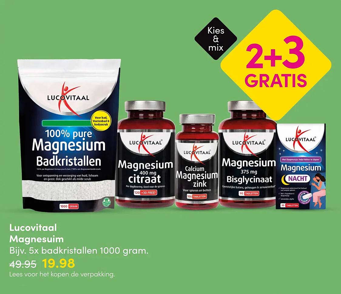 Lucovitaal Magnesium Bijv. 5x badkristallen 1000 gram 2+3 GRATIS